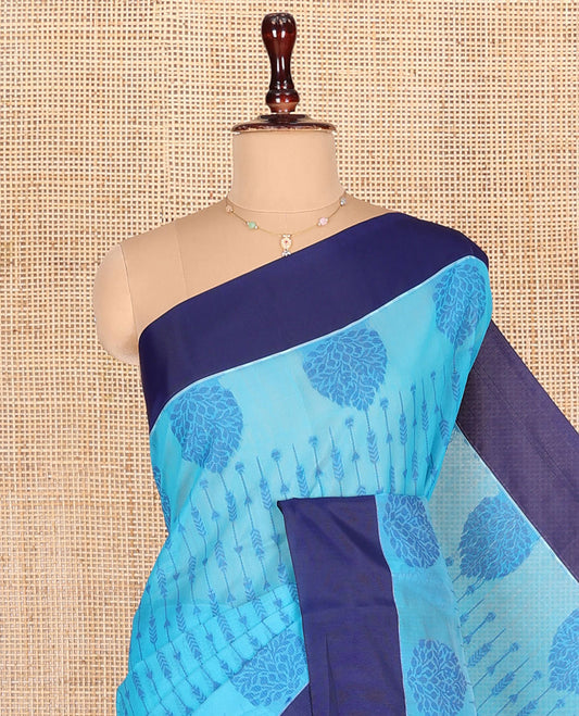 Blue Semi-Silk Cotton Saree, Subtly Sparkled with Stripes All Over Its Body, Complemented by Contrast Border, Pallu Steeped with Pine Tree Motifs, and Paired with a Matching Blouse