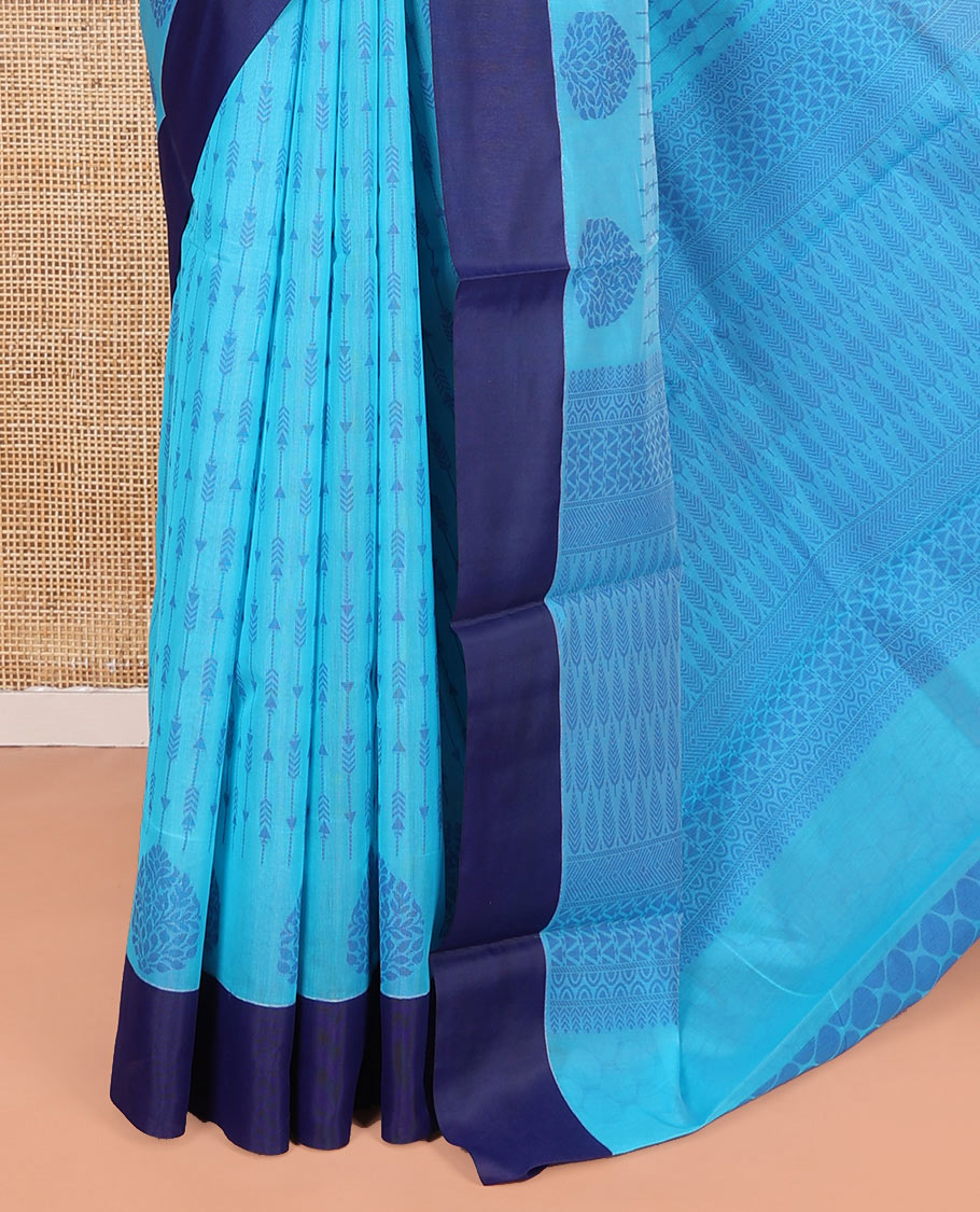 Blue Semi-Silk Cotton Saree, Subtly Sparkled with Stripes All Over Its Body, Complemented by Contrast Border, Pallu Steeped with Pine Tree Motifs, and Paired with a Matching Blouse