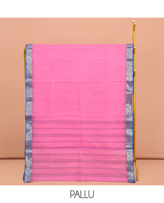 Pink Plain Bengal Cotton Saree, Complemented by a Contrast Jamdani-Style Paisley Zari Border, Pallu of Stripes, and Paired with a Matching Blouse