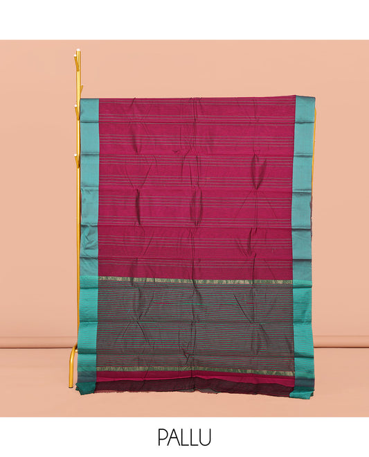 Wine Striped Semi-Silk Cotton Saree, Complemented by a Contrast Border, Pallu Steeped with Stripes, and Paired with a Matching Blouse