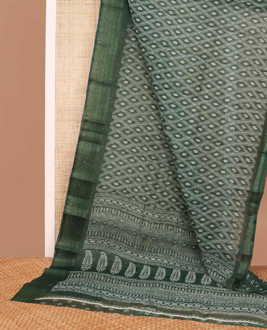Dark green argyle design budget cotton saree with self zari border & floral design pallu