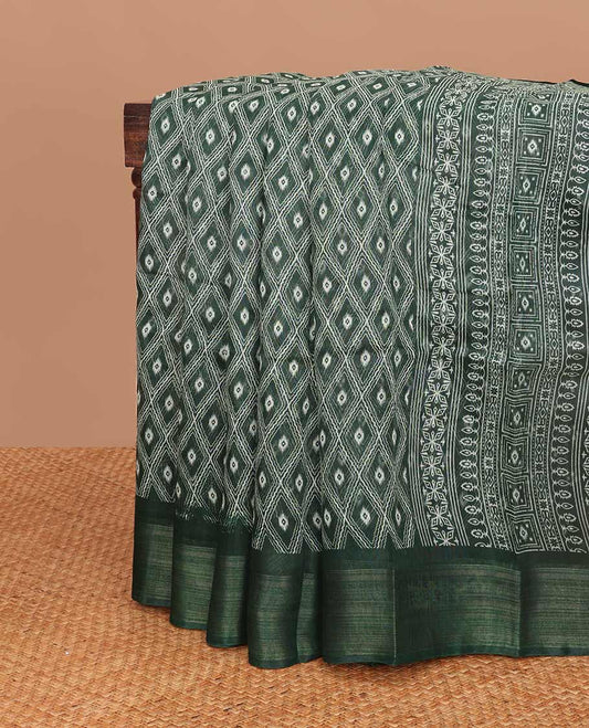 Dark green argyle design budget cotton saree with self zari border & floral design pallu