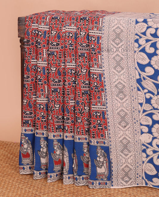Red micro-motifs machine-printed kalamkari cotton saree, contrast human motifs printed border & pallu of geometric-floral print