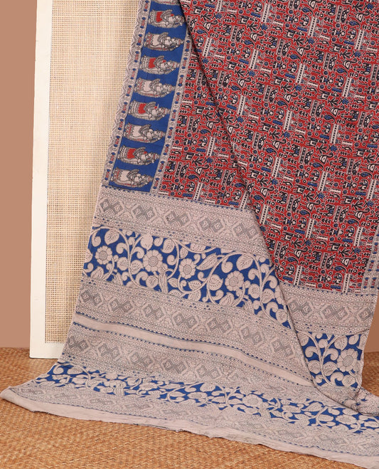 Red micro-motifs machine-printed kalamkari cotton saree, contrast human motifs printed border & pallu of geometric-floral print