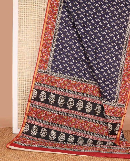 Blue unique motifs printed mul mul cotton saree, contrast floral vine printed border, and pallu of floral print