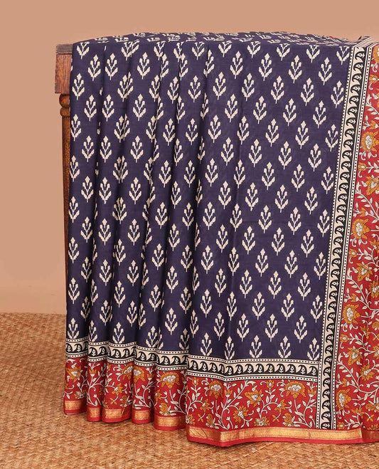 Blue unique motifs printed mul mul cotton saree, contrast floral vine printed border, and pallu of floral print