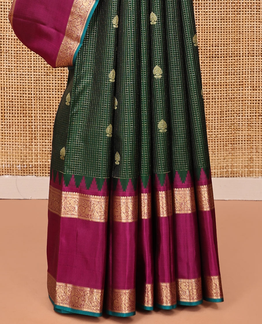 Dark Green-Magenta Vasundhara Silk Saree Features Zari Buttas and Checks,Contrast Thazampoo Rekku Rettai Pettu Mayil Border, Grand Pallu, and Contrast Blouse