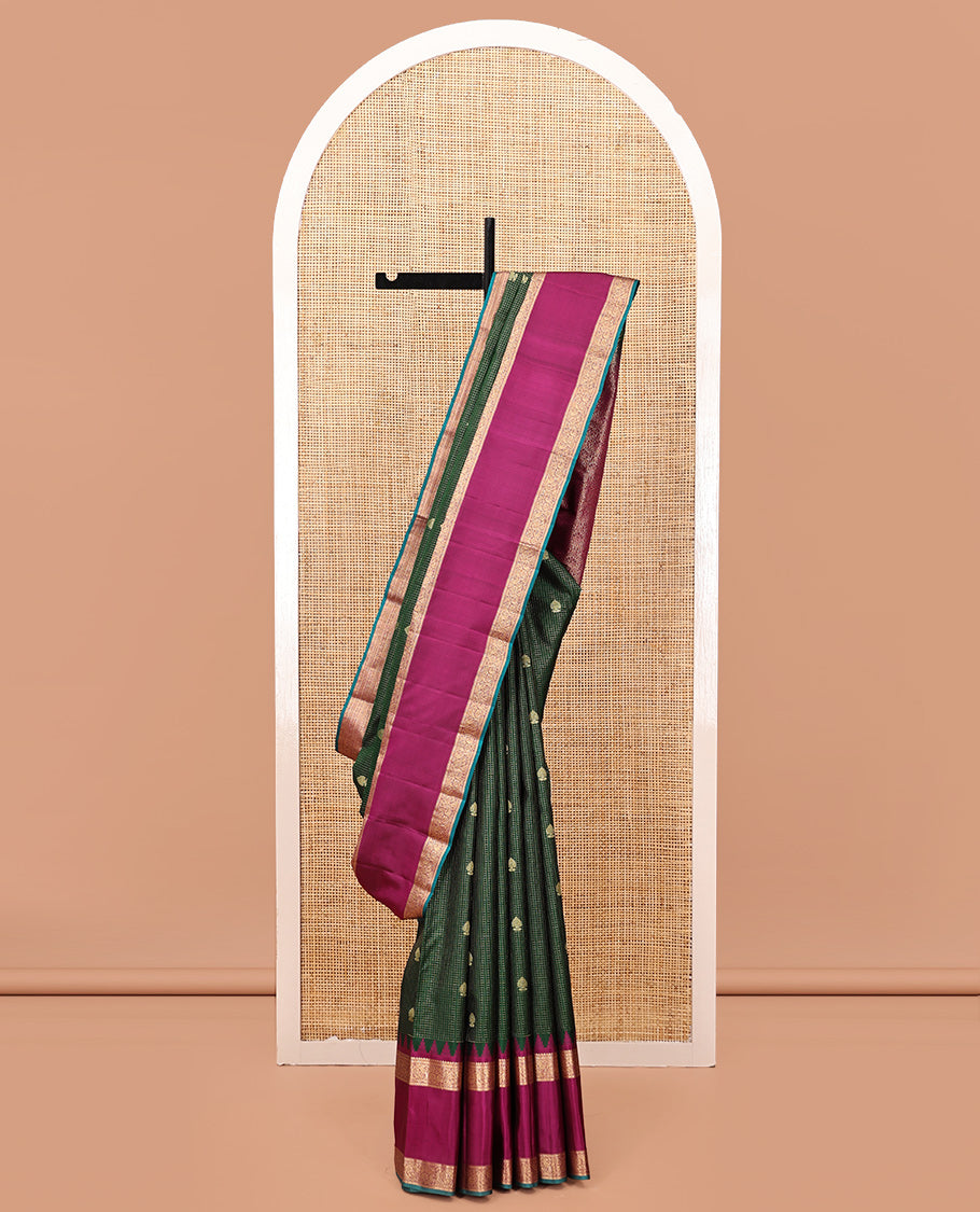 Dark Green-Magenta Vasundhara Silk Saree Features Zari Buttas and Checks,Contrast Thazampoo Rekku Rettai Pettu Mayil Border, Grand Pallu, and Contrast Blouse