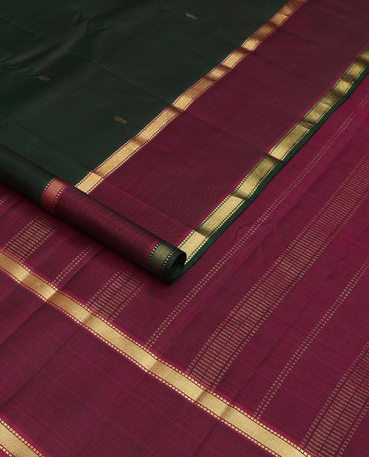 Green zari buttas Kanchipuram silk saree, contrast rettai pettu border of muthu designs, and pallu of muthu designs