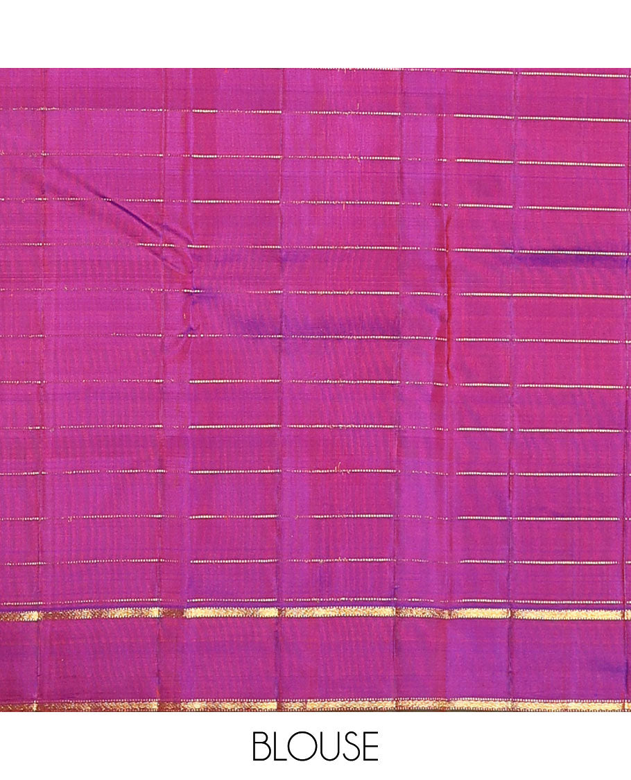 Orange zari checked Kanchipuram silk saree, contrast zari striped border, and pallu of manga kodi, laddu kamalam, and mayil designs