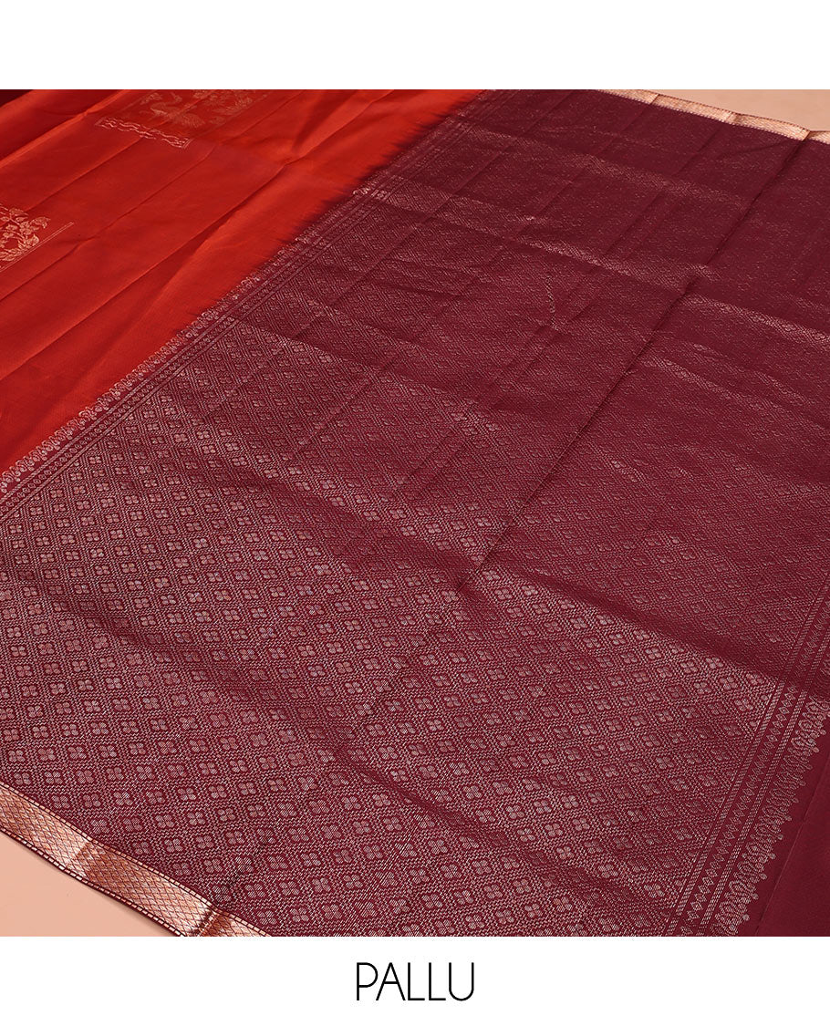 Rust orange bird and floral buttas zari woven soft silk saree, contrast kuyil kann border, and jaal pallu