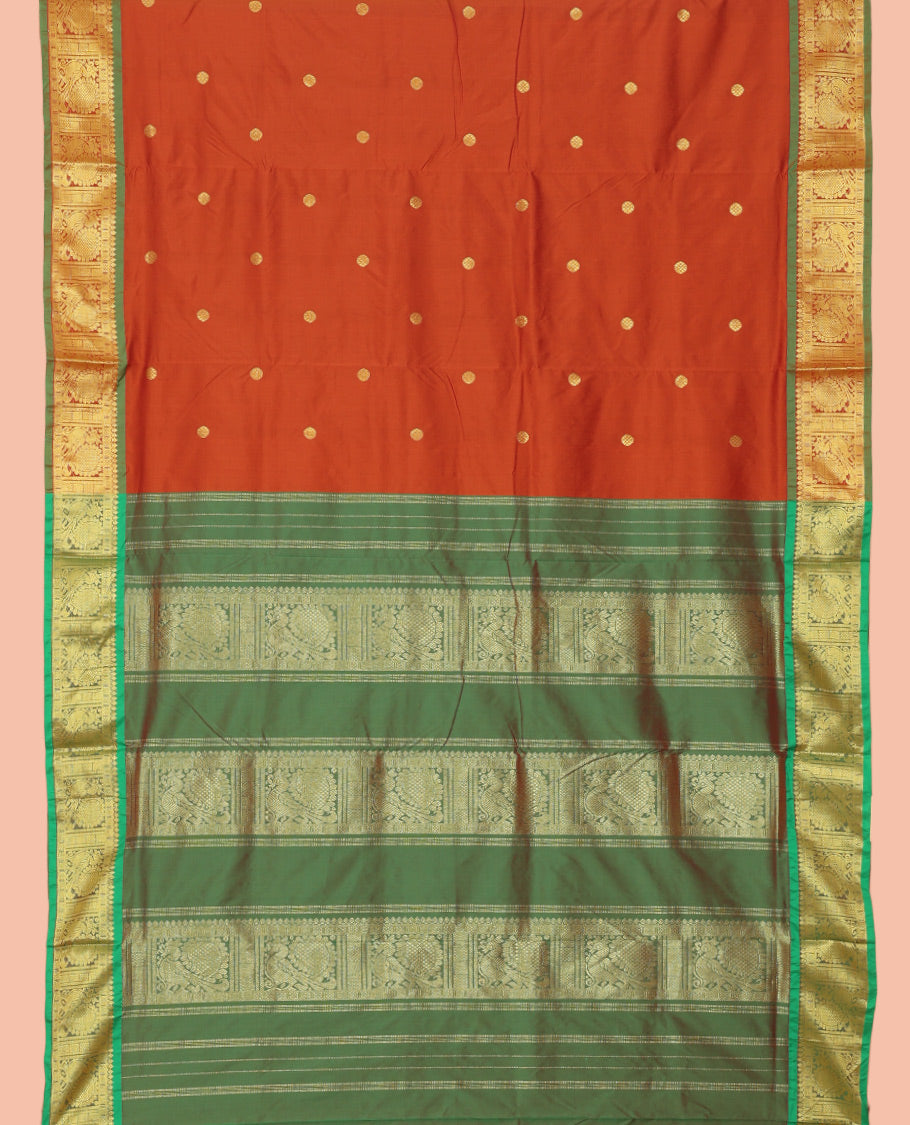 Orange Ten Yard Saree, Adorned with Zari Buttas, a Contrast Peacock Zari Border, Pallu of Peacock  Designs, and No Blouse