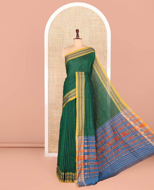 Green Odisha Cotton Saree, Subtly Woven with Buttas All Over the Body, Complemented by a Contrast Temple Border of Geometric Patterns, Captivating Contrast Pallu Features Diamond Patterns, and Has No Blouse