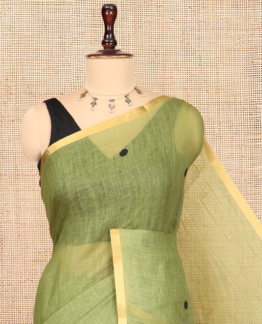 Borderless Green Linen Cotton Saree, Mesmerised with Polka Dots, a Contrast Checked Pallu, Contrast Blouse
