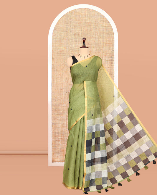 Borderless Green Linen Cotton Saree, Mesmerised with Polka Dots, a Contrast Checked Pallu, Contrast Blouse