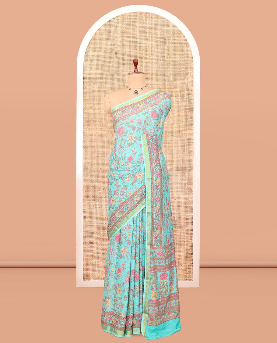 Blue Floral-Vine Printed Silk Saree, a Traditional Zari Border, Floral Pallu, a Matching Blouse