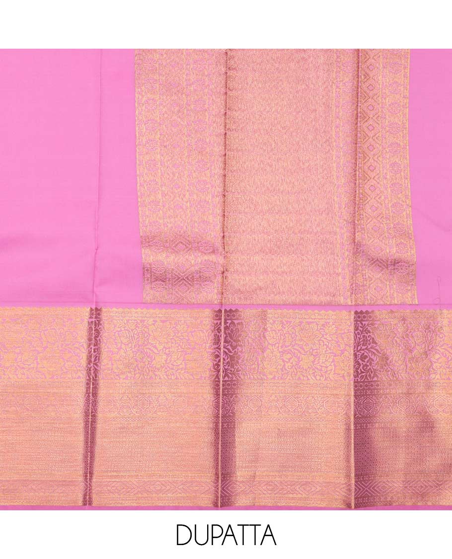 Green pure-silk half saree, jaal jacquard with contrast traditional zari bordered skirt, blouse of rekku, paisa, banaras, rekku, diamond, and then kuli kann, and intricate dhavani