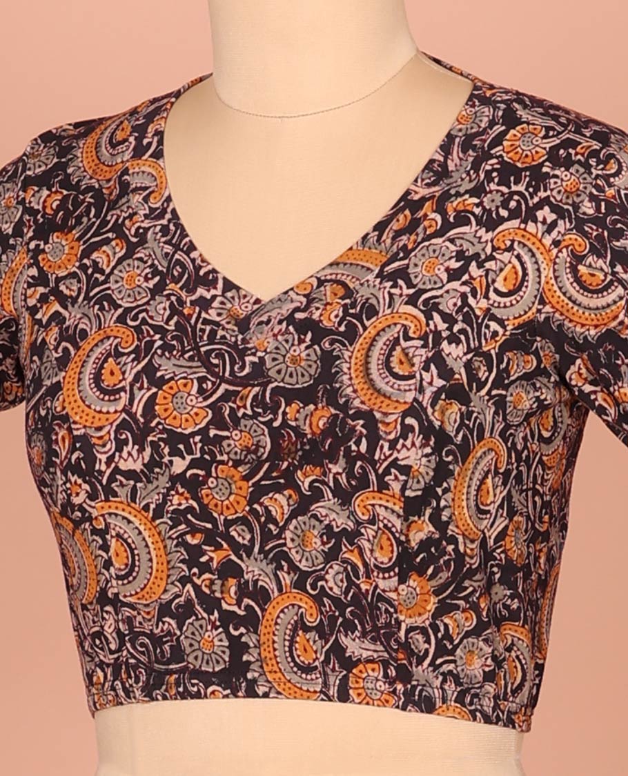 Black Cotton Readymade Blouse Enthralled with All-Over Floral and Paisley Theme Print, Featuring a Front Leaf-Neck, a Closed Back Neck, and Elbow Sleeves