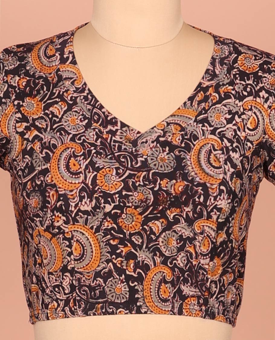 Black Cotton Readymade Blouse Enthralled with All-Over Floral and Paisley Theme Print, Featuring a Front Leaf-Neck, a Closed Back Neck, and Elbow Sleeves