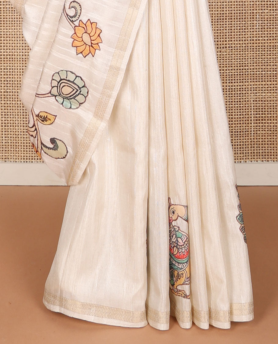 Cream colorful kalamkari-style floral & peacock printed tussar saree, zari border & pallu of zari stripes