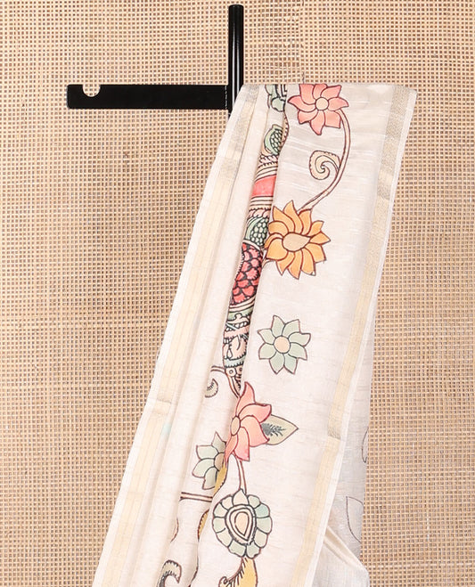 Cream colorful kalamkari-style floral & peacock printed tussar saree, zari border & pallu of zari stripes
