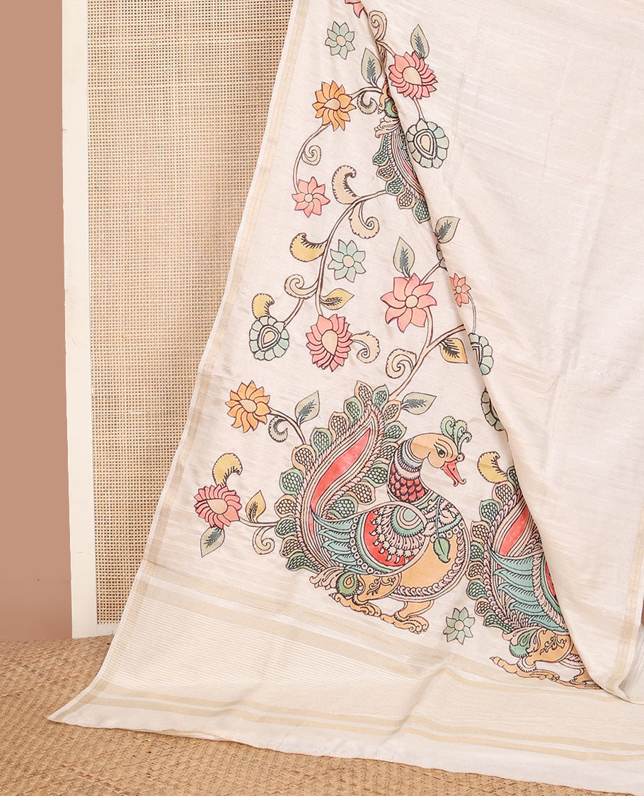 Cream colorful kalamkari-style floral & peacock printed tussar saree, zari border & pallu of zari stripes