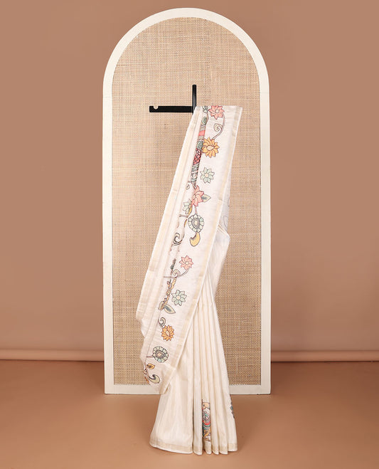 Cream colorful kalamkari-style floral & peacock printed tussar saree, zari border & pallu of zari stripes