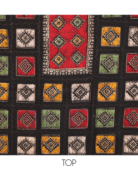 Black chudidhar material set, batik & shibori print with thread work rayon top, printed bottom, & chanderi silk dupatta