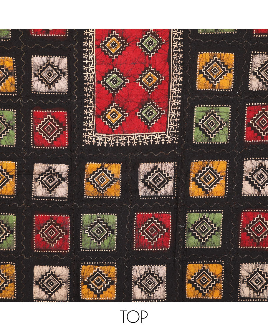 Black chudidhar material set, batik & shibori print with thread work rayon top, printed bottom, & chanderi silk dupatta