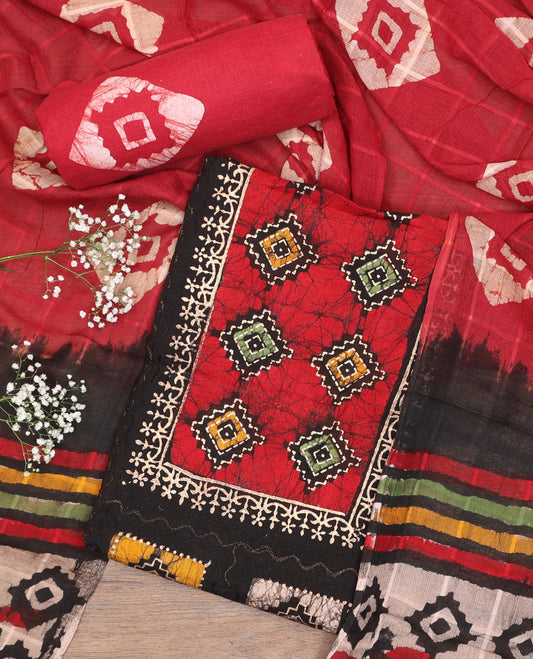 Black chudidhar material set, batik & shibori print with thread work rayon top, printed bottom, & chanderi silk dupatta