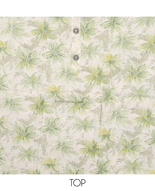 Green material churidar set, sunflower motifs printed with button stitched cotton top, contrast chevron printed cotton bottom, and textured chanderi dupatta of sequins stripes