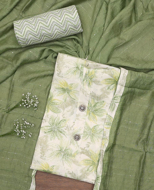 Green material churidar set, sunflower motifs printed with button stitched cotton top, contrast chevron printed cotton bottom, and textured chanderi dupatta of sequins stripes