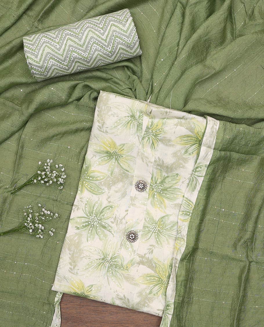 Green material churidar set, sunflower motifs printed with button stitched cotton top, contrast chevron printed cotton bottom, and textured chanderi dupatta of sequins stripes
