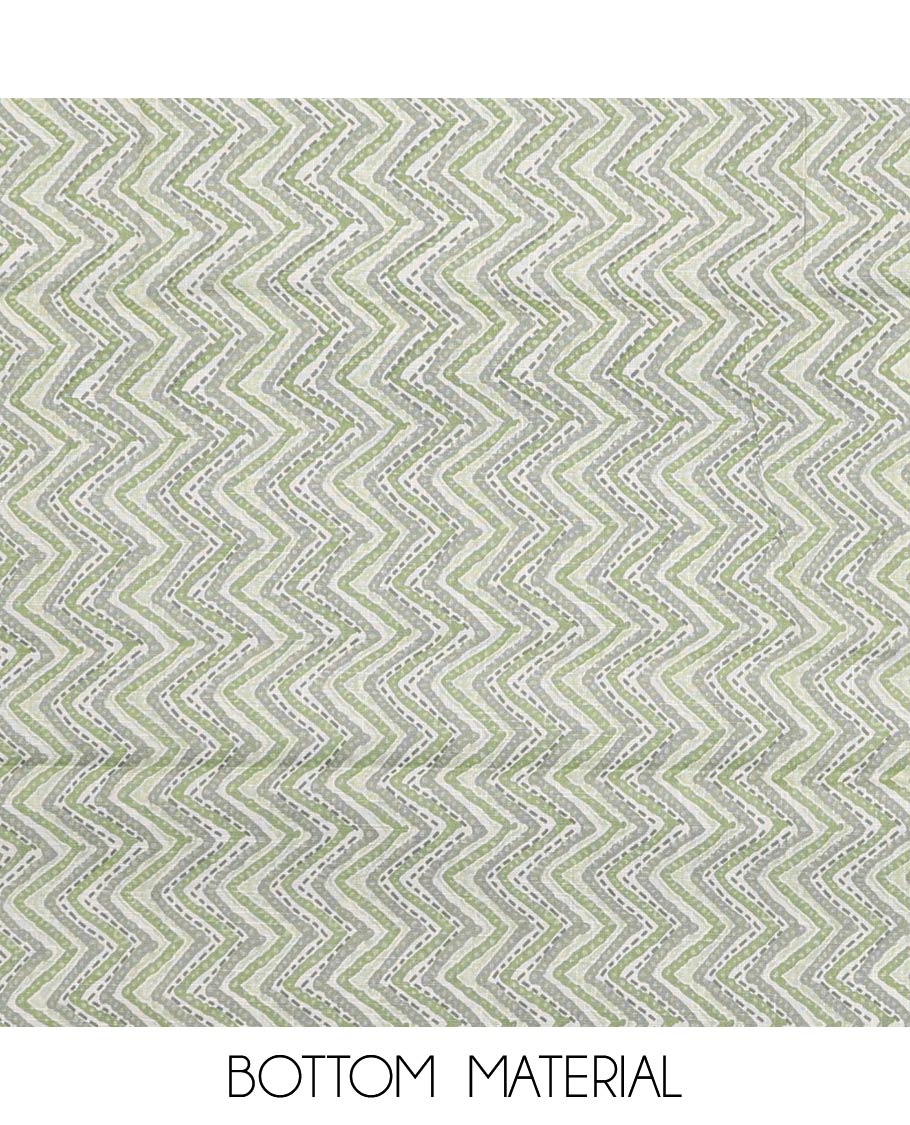 Green material churidar set, sunflower motifs printed with button stitched cotton top, contrast chevron printed cotton bottom, and textured chanderi dupatta of sequins stripes