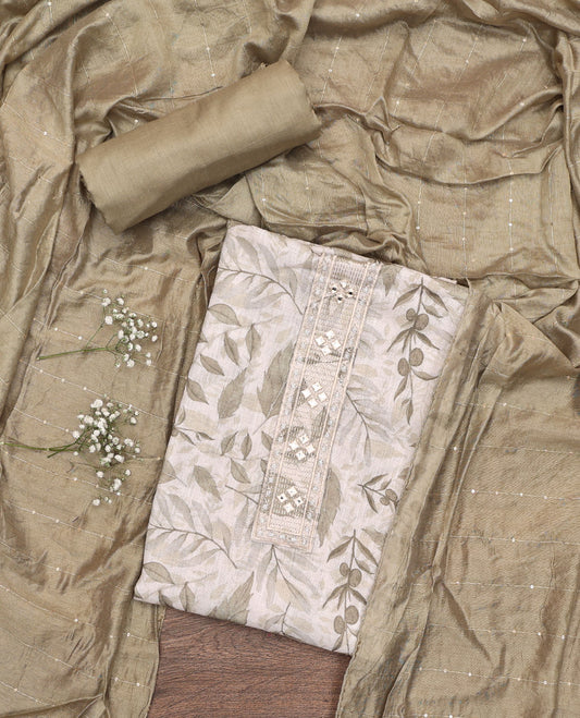 Pale Green Material Chudidar Set, Beautified with Abstract-Style Leaf Printed and Embroidery on Cotton Top, a Contrast Plain Cotton Bottom, and Paired with Sequins Striped Cotton Dupatta
