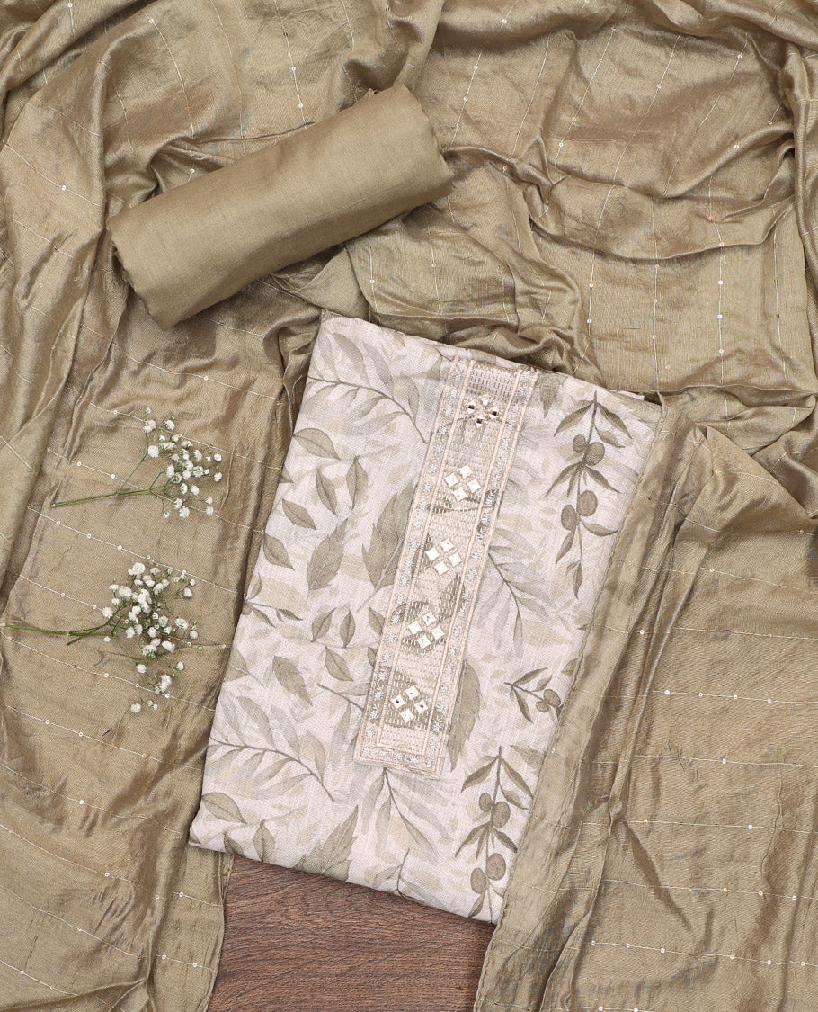 Pale Green Material Chudidar Set, Beautified with Abstract-Style Leaf Printed and Embroidery on Cotton Top, a Contrast Plain Cotton Bottom, and Paired with Sequins Striped Cotton Dupatta