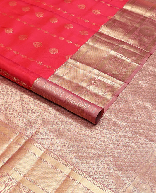 Red buttas vasundhara elite silk saree with self intricate zari design border & checked floral design pallu