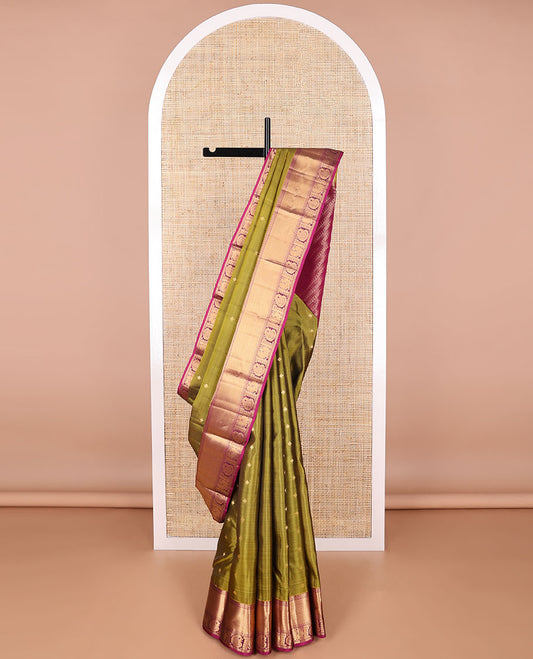 Green geometric buttas vasundhara elite silk saree with contrast zai design border & striped floral design pallu