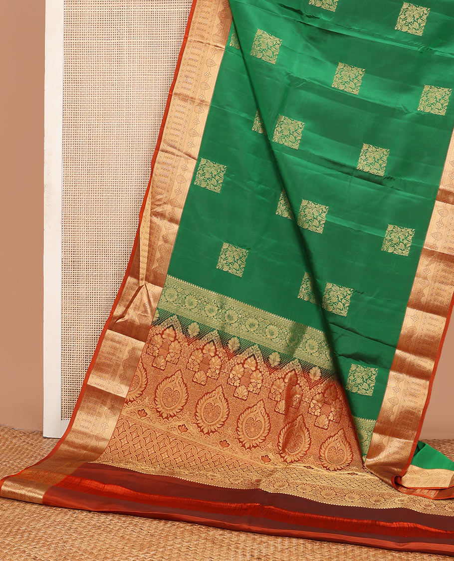 Green zari buttas Vasundhara silk mix saree, contrast traditional zari border & intricate pallu