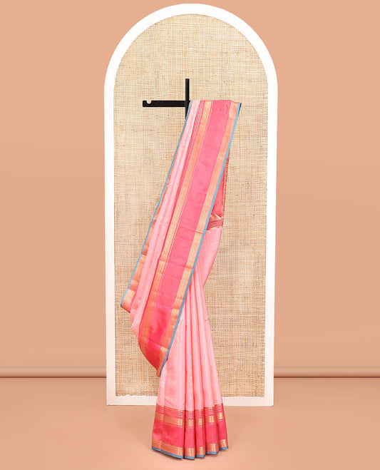 Pink Vasundhara Silk Mix Saree, Enriched with Zari Buttas All Over Its Body, Complemented by Contrast Varisai Pettu Border of Neli, Muthu, Star Kamalam, and Rudraksham Designs, Vanki Design Pallu, and Paired with a Contrast Blouse