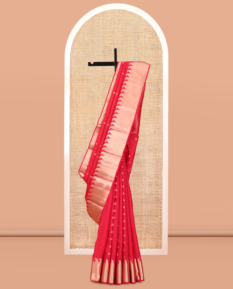 Red Vasundhara Lite Silk Mix Saree, Gleamed Up with Rekku Buttas, a Manga Zari Border, Grand Jaal Pallu, and a Matching Blouse