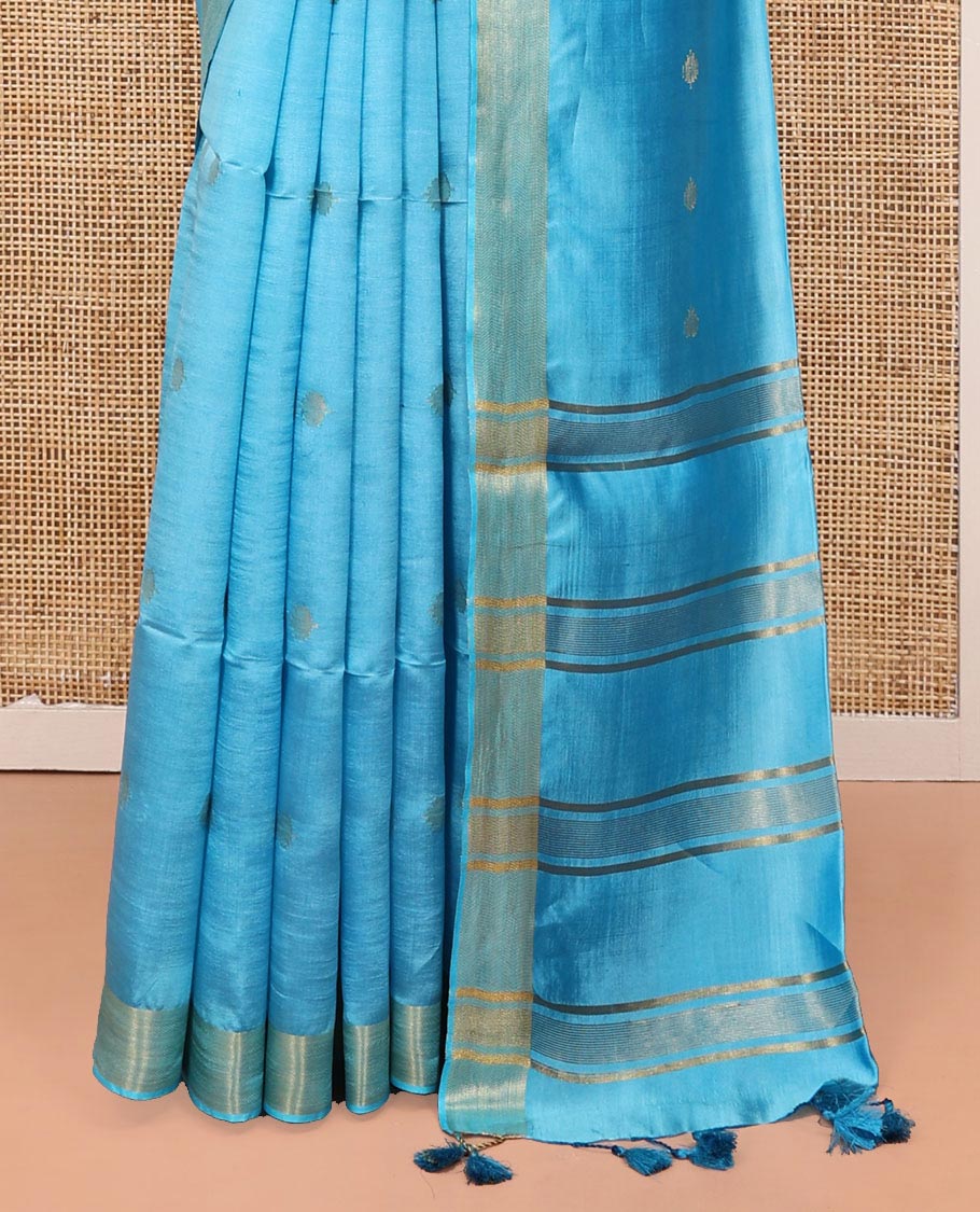 Blue Banana Pith Saree, Sparsely Woven with Buttas All Over Its Body, Subtle Self-Border, Pallu Steeped with Stripes, and Paired with a Matching Blouse