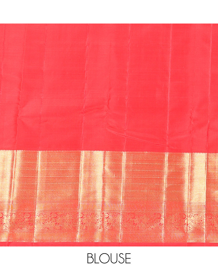 Red Vasundhara Silk Saree Artfully Woven with Zari Butta Enclosed Checks All Over Its Body, Highlighted by Zari Border of Rekku, Mayil Kann, Kathir, and Mayil Designs, a Grand Pallu of Jaal Designs, and Paired with a Matching Blouse