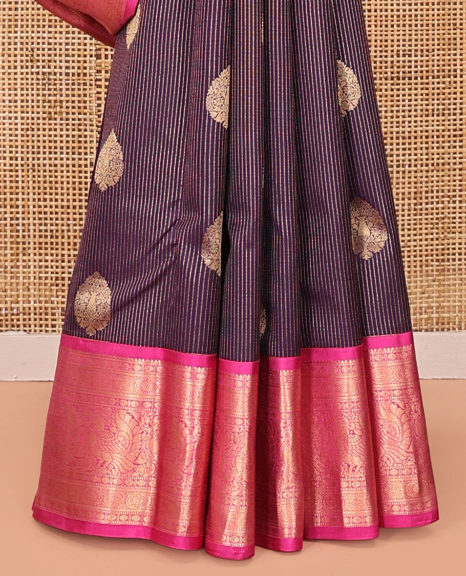 Purple Vasundhara Silk Saree, Detailed with Zari Buttas and Stripes All Over Its Body, Complemented by a Contrast Border of Rekku, Muthu, Poun, Chakram, and Mayil Designs, Grand Manga Design Pallu, and Paired with a Contrast Blouse