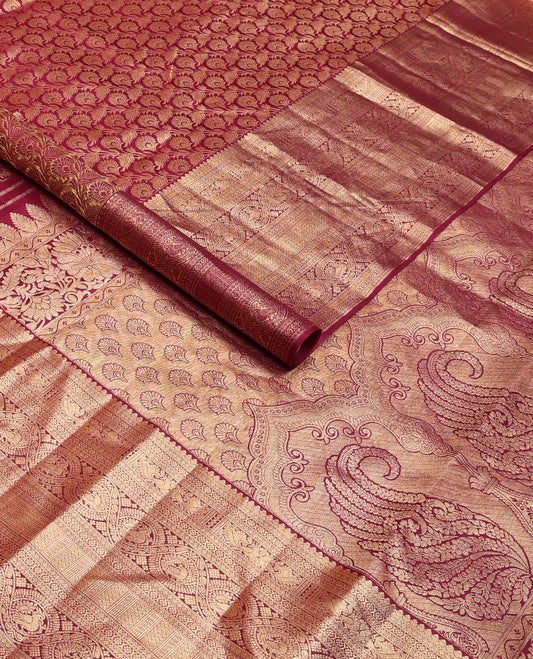 Maroon jacquard wedding silk saree, zari border of thilakam,diamond,cross kamalam, & mayil motifs & intricate pallu