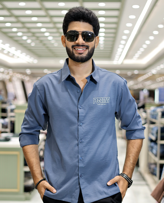 Blue Poly-Blended Back Flap Casual Shirt