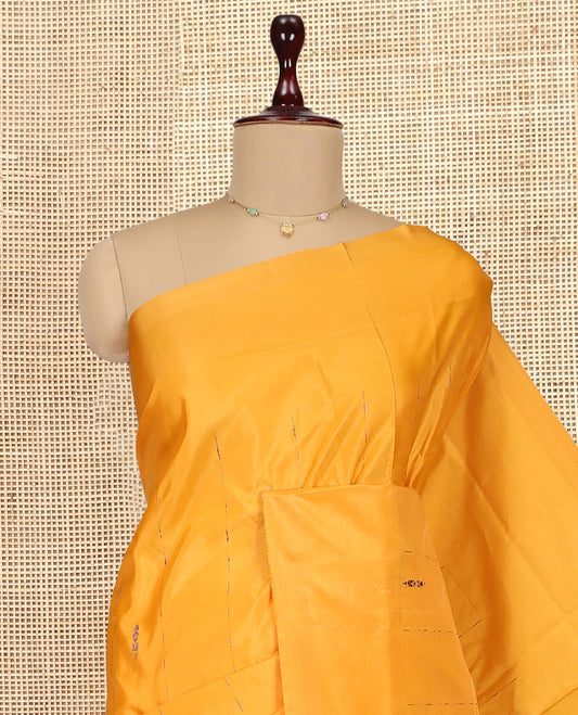 Borderless Yellow Banana Pith Saree, Woven with Buttas and Stripes, Complemented by a Contrast Pallu of Stripes and Buttas, and a Contrast Blouse