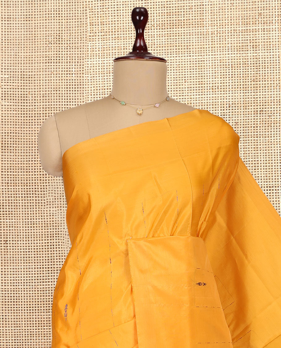 Borderless Yellow Banana Pith Saree, Woven with Buttas and Stripes, Complemented by a Contrast Pallu of Stripes and Buttas, and a Contrast Blouse