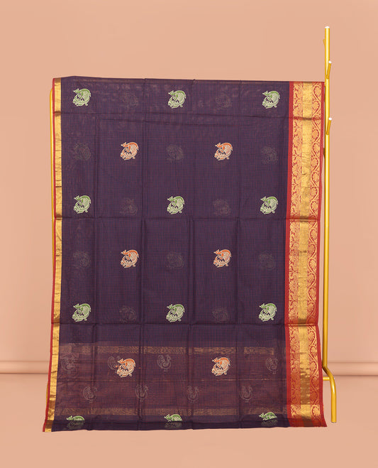 Navy Blue Venkatagiri Cotton Saree, Ornamented with Peacock Buttas and Checks, a Contrast Traditional Zari Border, Pallu of Stripes, and No Blouse