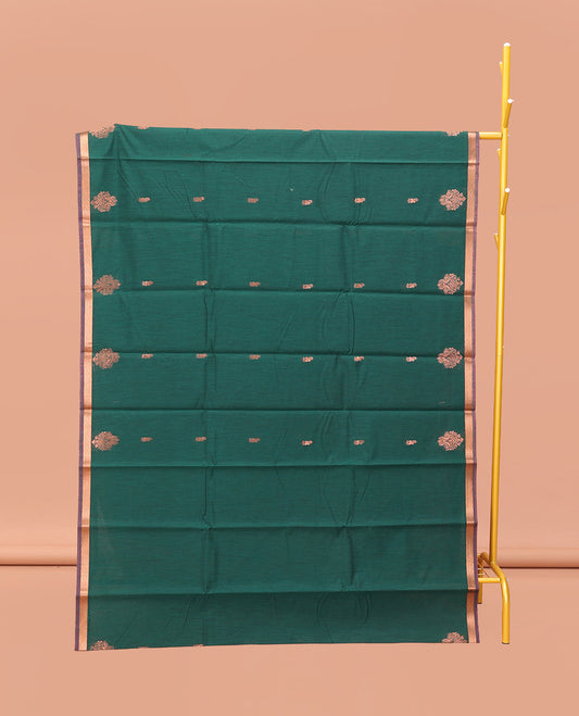Bottle Green Semi-Silk Cotton Saree, Beautifully Bedecked with Zari Buttas All Over Its Body, a Subtle Piping Border, Complemented by a Contrast Pallu of Butta Enclosed Checked Designs, and Paired with a Contrast Blouse